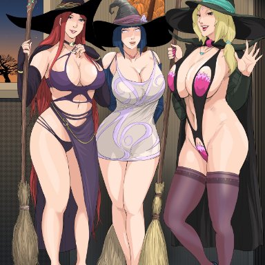 halloween, naruto, naruto (series), hyuuga hinata, tsunade, uzumaki kushina, raikage art, 3girls, armwear, big breasts, black thighhighs, blonde hair, blue eyes, breasts, bridal gauntlets