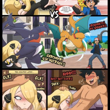 pokemon, pokemon (anime), pokemon dppt, cynthia (pokemon), dragonite, garchomp, pikachu, satoshi (pokemon), hermitmoth, 1boy, 1girls, black hair, blonde hair, blowjob, defeated