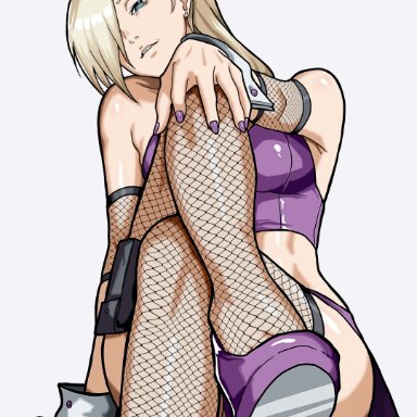 naruto, naruto (series), naruto shippuden, ino yamanaka, 1girls, bare shoulders, black pouch, blonde hair, blue eyes, crop top, crossed legs, ear piercing, earrings, facing viewer, female