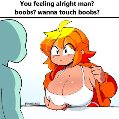 mango quaver (female), quavernsfw, 1boy, 1boy1girl, 1girl, big ass, big breasts, blonde hair, female, female focus, freckles, humanoid, large breasts, orange hair, tan body