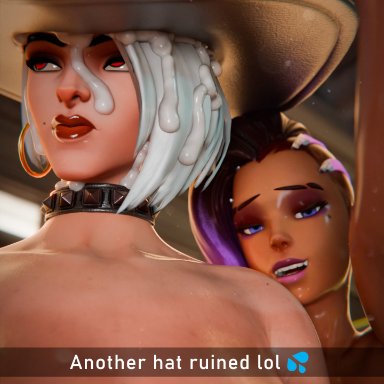 overwatch, overwatch 2, snapchat, ashe (overwatch), sombra, piroguh, 1futa, 1girls, alternate costume, big breasts, brown hair, cowboy hat, cowgirl, cum, dark skin