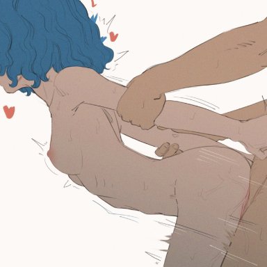 berserk, isma, butterchalk, 1boy, 1girls, adult and teenager, age difference, arm grab, arms behind back, ass, blue hair, blush, closed eyes, completely nude, completely nude female