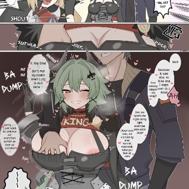 zenless zone zero, caesar king, caesar king (zenless zone zero), luciana de montefio, wise (zenless zone zero), 4uu (radicalmp head), blush, breasts, dark green hair, grabbing breasts, grey hair, yellow eyes, tagme