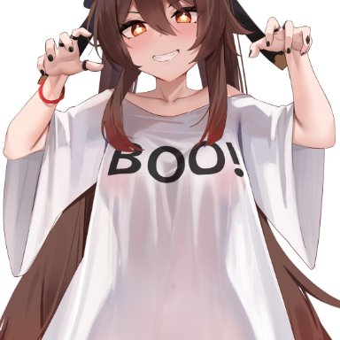 genshin impact, boo tao (genshin impact), hu tao (genshin impact), skai kun, 1girls, black hat, blush, breasts, brown hair, collarbone, female, female only, ghost, hat, long hair