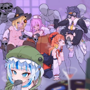 halloween, hololive, hololive english, gawr gura, mori calliope, ninomae ina'nis, takanashi kiara, watson amelia, moral cacoethes, 5girls, beret, black pantyhose, blush, breasts, caressing testicles