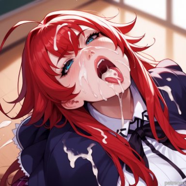 high school dxd, rias gremory, balecxi, after fellatio, after oral, ahoge, blue eyes, classroom, cum, cum in mouth, cum on breasts, cum on face, cum on hair, from above, huge breasts