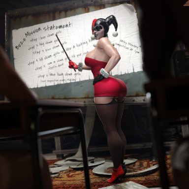 batman (series), batman: arkham knight, dc, dc comics, injustice 2, harley quinn, harley quinn (classic), harley quinn (injustice), smitty34, 1girls, 2boys, ass, ass focus, bare shoulders, black lipstick