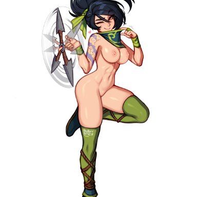 league of legends, akali, blushypixy, blushyspicy, 1girls, belly button, black hair, boots, breasts, breasts out, brown eyes, female, female focus, female only, full body