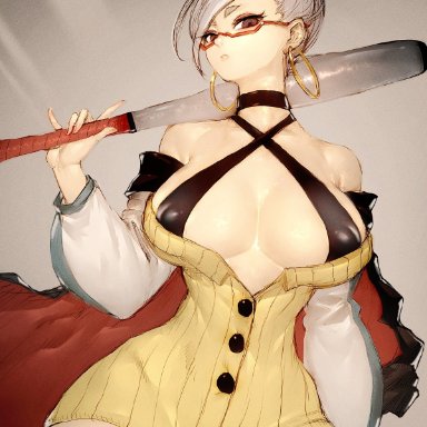 dandadan, shounen jump, ayase seiko, fumio (rsqkr), 1girls, baseball bat, bat, big breasts, braided hair, busty, earring, earrings, gilf, glasses, grandmother