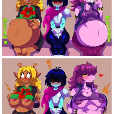 kris (deltarune), noelle holiday, susie (deltarune), sunnyhero, ass expansion, breast expansion, digestion, same size vore, soft vore, vore, vore belly, sequence