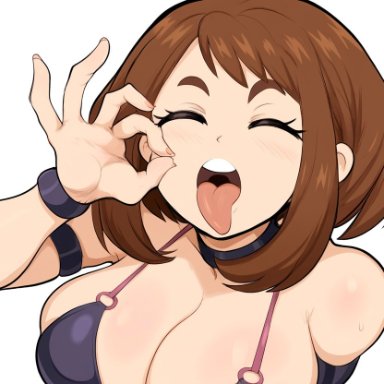 my hero academia, ochako uraraka, uraraka ochako, mullon, 1girls, brown hair, cleavage, closed eyes, facing viewer, fellatio gesture, female, inviting to sex, large breasts, looking at viewer, open mouth