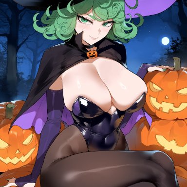 halloween, one-punch man, tatsumaki, creamy ai, cleavage, crossed legs, curvy, green eyes, green hair, halloween costume, highleg leotard, jack-o'-lantern, large breasts, leotard, night