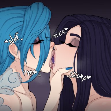 arcane, league of legends, league of legends: wild rift, arcane caitlyn, arcane jinx, caitlyn kiramman, jinx (league of legends), vo1ette, 2girls, blowjob, blowjob face, blue hair, closed eyes, dildo, dildo in mouth