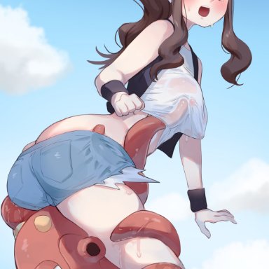 nintendo, pokemon, pokemon bw, generation 2 pokemon, hilda (pokemon), octillery, pokemon (species), mocomori, 1animal, 1girls, ass, beach, big ass, big breasts, big thighs