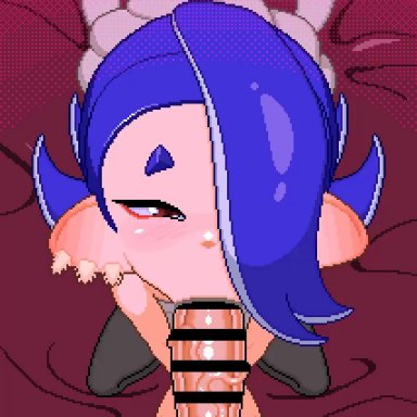 nintendo, splatoon, splatoon 3, octoling, octoling girl, shiver (splatoon), uramomo, bed, big penis, blanket, blue hair, blush, chest sarashi, ear piercing, erection