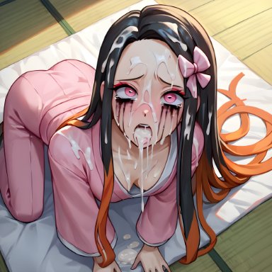 demon slayer, kimetsu no yaiba, kamado nezuko, nezuko kamado, 1girls, after bukkake, bukkake, cleavage, crying, cum, cum in mouth, cum on body, cum on face, cum on hair, kneeling