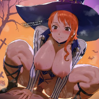 halloween, one piece, nami, nami (one piece), shexyo, 1boy, 1boy1girl, 1girls, ass, big areola, big ass, big breasts, big nipples, big thighs, blush