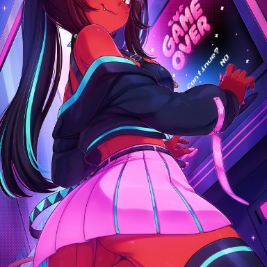 original, meru (merunyaa), meruccubus (merunyaa), original character, merunyaa, 1girls, arcade, arcade machine, demon, demon girl, demon horns, demon tail, devil, devil girl, devil horns