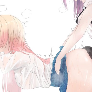 hololive, momosuzu nene, tokoyami towa, tokoyami towa (jirai kei), oyashiro ooo, 2girls, ass, bare shoulders, black skirt, blue skirt, blush, breasts, clothed sex, covered penetration, doggy style