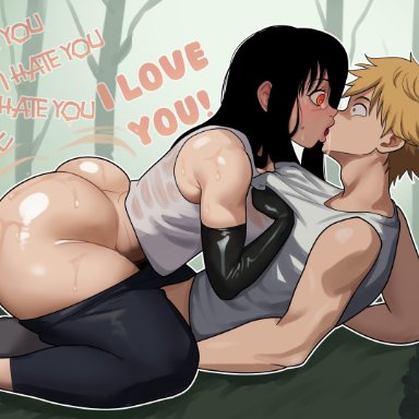 chainsaw man, denji (chainsaw man), yoru (chainsaw man), freshnsfw, 1boy, 1boy1girl, 1girls, armwear, ass, black hair, blonde hair, clothing, female, forest, kissing