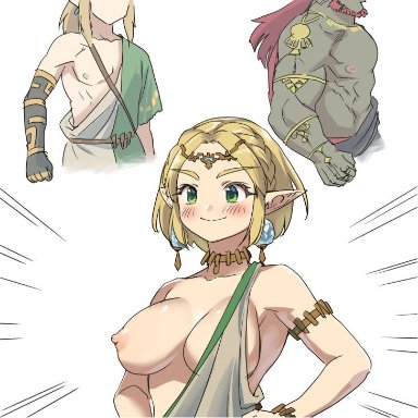 tears of the kingdom, the legend of zelda, ganondorf, ganondorf (tears of the kingdom), link, princess zelda, artist request, 1girls, blonde hair, breasts out, nipple slip, nipples, smile, source request, tagme