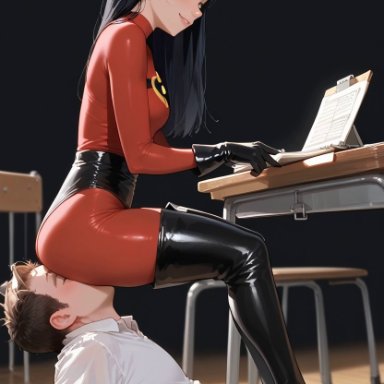 the incredibles, tony rydinger, violet parr, ass on face, dehumanization, dominant female, facesitting, femdom, fetish, high heel boots, high heels, human chair, human furniture, ignoring, knee boots