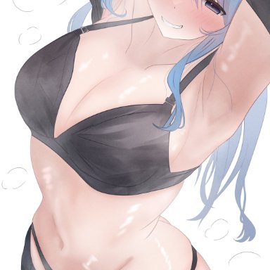 hololive, hoshimachi suisei, oyashiro ooo, alternate breast size, alternate costume, armpits, arms up, ass, black bra, black panties, blue hair, blush, bra, breasts, butt crack