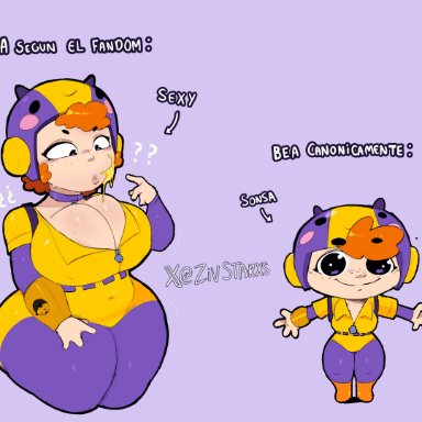 brawl stars, bea (brawl stars), zivartx, zivstarxs, areola slip, bodysuit, boots, breasts, chibi, choker, clothed, freckles, freckles on breasts, helmet, honey