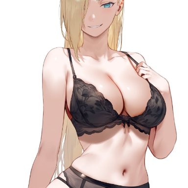 naruto, ino yamanaka, setsuaiart, ass visible through thighs, bare arms, bare belly, bare legs, bare shoulders, bare thighs, belly button, big breasts, black bra, black panties, blonde hair, blue eyes