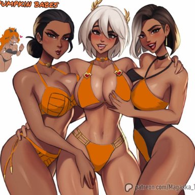 epic games, fortnite, antonia (fortnite), aphrodite, aphrodite (fortnite), clara (fortnite), nisha (fortnite), magaska19, 4girls, big breasts, bikini, black hair, blush, breasts, cleavage