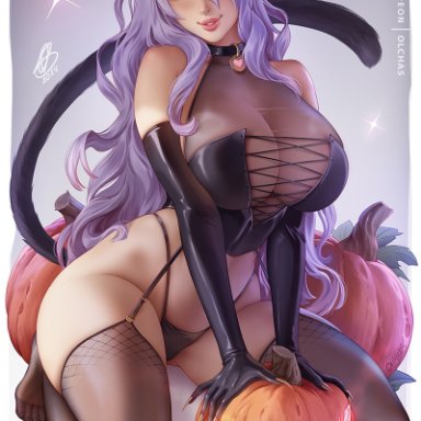 fire emblem, fire emblem fates, halloween, nintendo, camilla (fire emblem), olchas, &lt;3, 1girls, alternate costume, breasts, cat ears, cat tail, catgirl, cleavage, collar