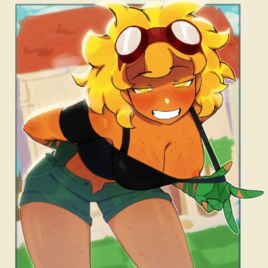 plants vs zombies, sunflower (pvz), meow boop, blonde hair, blush, crop top, dark skin, freckles, goggles, grin, jean shorts, nipple slip, yellow eyes, background, gijinka