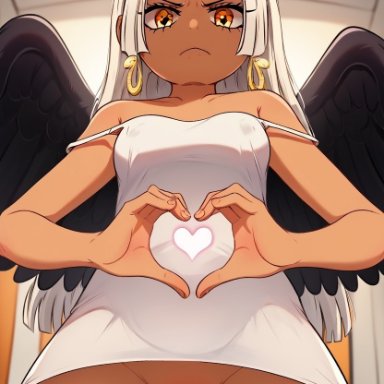 one piece, s-snake (one piece), seraphim (one piece), scandalousai, 1girl, angry, black wings, cameltoe, dark-skinned female, female, female only, heart hands, innie pussy, shortstack, white hair