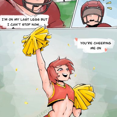 vissentia, bulge, cheerleader, cheerleader uniform, crop top, crossdressing, femboy, football player, gay, girly, heart, male, male only, midriff, panties