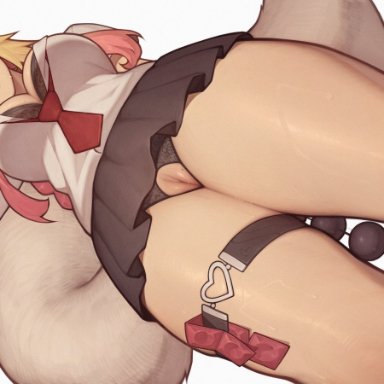 league of legends, riot games, ahri, asura (artist), anal beads, blonde hair, female, looking at viewer, miniskirt, school uniform, tail, 2024, tagme