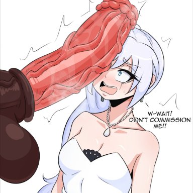 rwby, weiss schnee, kinathefox, 1animal, 1boy, 1girls, animal genitalia, animal penis, balls, beacon outfit, big balls, big penis, blue eyes, blush, braided hair