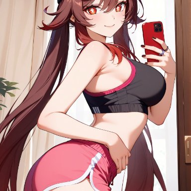 genshin impact, hu tao (genshin impact), ministro, ass, bangs, blush, breasts, cellphone, cowboy shot, crop top, crop top overhang, dolphin shorts, indoors, lips, long hair