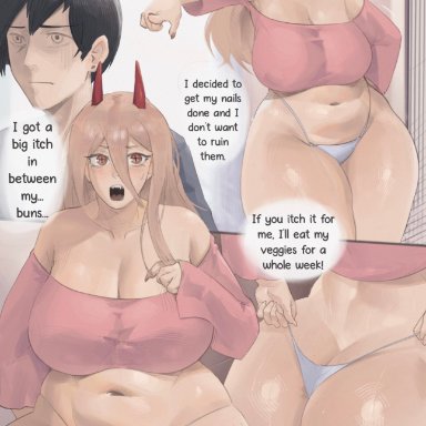 chainsaw man, power (chainsaw man), w0m1, 1boy, 1girls, ass, big ass, big breasts, big thighs, black hair, blonde hair, breasts, dat ass, dumptruck ass, dumptruck butt