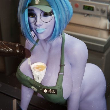 overwatch, starbucks, widowmaker, stickybuns, apron, big breasts, big penis, blue hair, cock ring, coffee, cum, cum in cup, cum in food, dark-skinned male, glasses