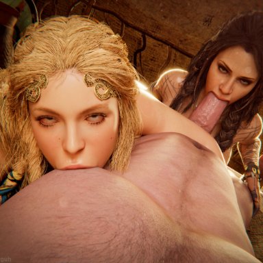 god of war, god of war ragnarok, freya (god of war), sif (god of war), piroguh, 1boy, 2girls, ass, balls, big ass, big balls, big breasts, big butt, big penis, blonde female