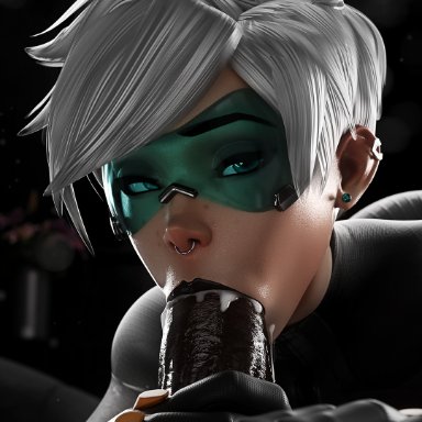 overwatch, tracer, ultraviolet tracer, lunex3d, blowjob, cum, cum in mouth, dark-skinned male, interracial, white hair, 3d