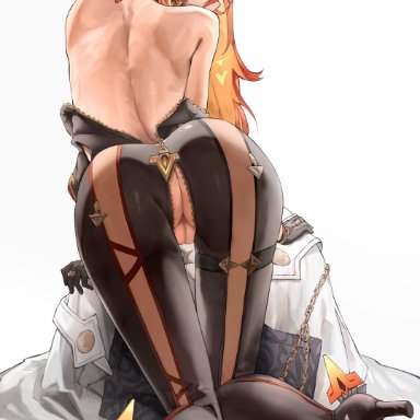 genshin impact, mavuika (genshin impact), ahoge, ass, black footwear, black gloves, blonde hair, boots, coat, earrings, female, from behind, full body, gloves, hair between eyes