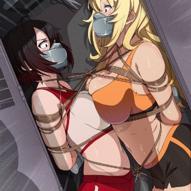 rwby, ruby rose, yang xiao long, tiedtiki, arms tied behind back, asphyxiation, black hair, blonde hair, bondage, bound together, gag, gagged, in locker, over the nose gag, scared