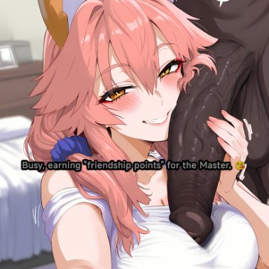 fate (series), fate/grand order, tamamo no mae (fate), gintoai, big breasts, big penis, cheating, dark-skinned male, fox girl, netorare, ntr, pink hair, veiny penis, ai generated