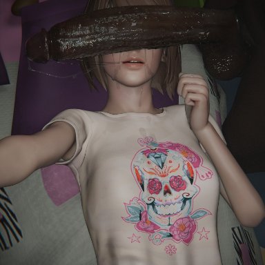 life is strange, square enix, max caulfield, red lj, 1boy, 1girls, bed, brown hair, cock on face, cock worship, dark-skinned male, female, female focus, interracial, male