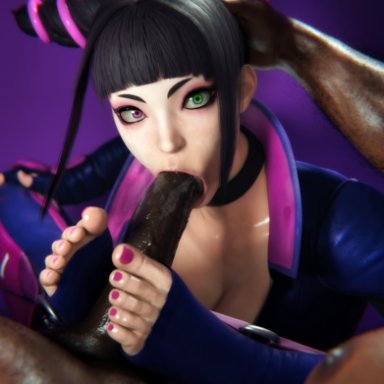 street fighter, street fighter 6, juri han, supernovax, 1boy, 1girls, big penis, black hair, blowjob, dark skin, dark-skinned male, feet, female, flowjob, foot fetish