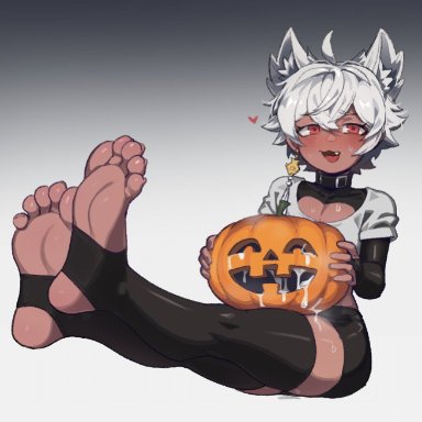 halloween, fuwafa, fuwafavt, 1femboy, catboy, cum in pumpkin, feet, femboy, foot fetish, foot focus, footwear, gay, pumpkin, smug, thighhighs