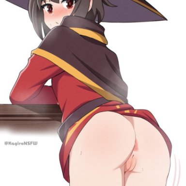 megumin, kagironsfw, 1girls, anus, ass, blush, brown hair, cloak, female, hat, looking back, partially clothed, rear view, red eyes, robe