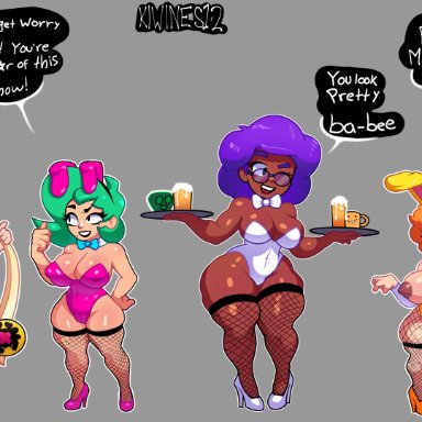 brawl stars, halloween, bea (brawl stars), charlie (brawl stars), lola (brawl stars), rosa (brawl stars), artist request, kiwines12 (artist), 4girls, afro, arm sleeves, big breasts, big thighs, blonde hair, blush