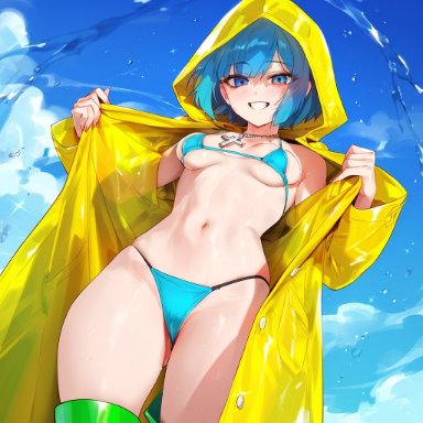 bible, holy year 2025, luce (vatican), 1girls, bangs, bikini, blue bikini, blue eyes, blue hair, blue sky, blush, bra, breasts, cloud, collarbone